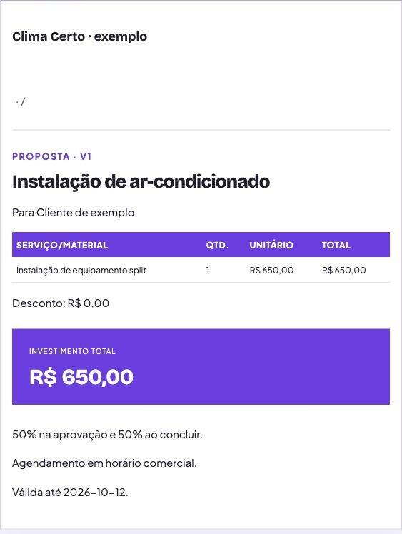 Exemplo de proposta do OrçaVolta para instalação e manutenção, com valores ilustrativos.